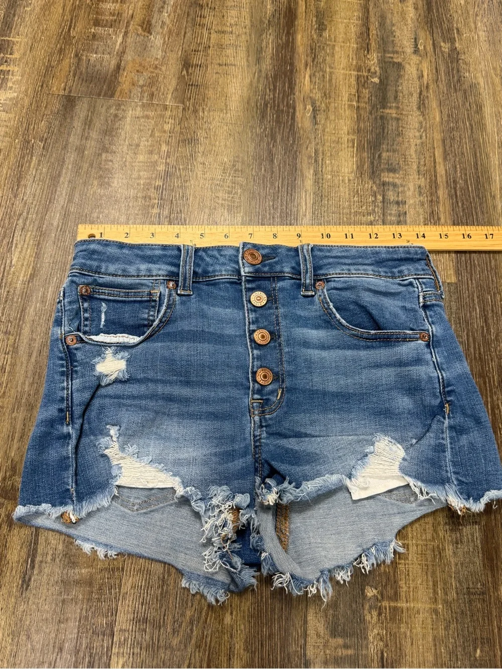 American Eagle Outfitters Blue Distressed High-Rise Denim Shorts Buttonfly